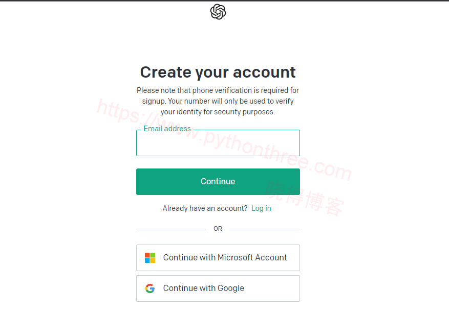 Choose the method to create a ChatGPT account